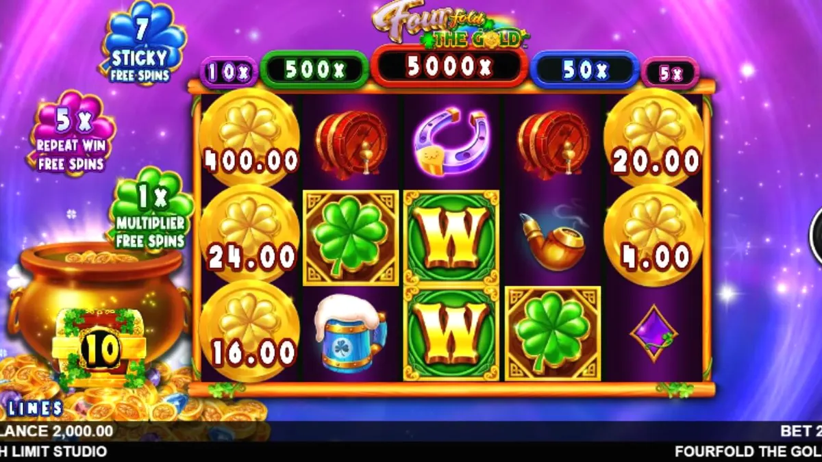 Interface do slot Fourfold the Gold com tema espacial e irlandês