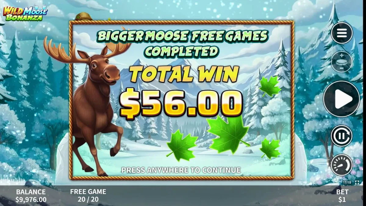 Interface do jogo Wild Moose Bonanza mostrando símbolos da natureza e o moose selvagem