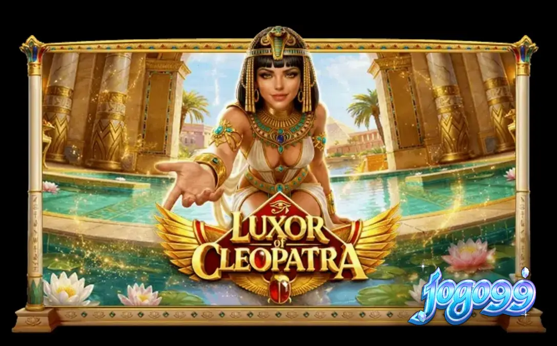 Captura de tela do jogo Luxor of Cleopatra, mostrando a rainha Cleópatra e símbolos egípcios em rolos dourados.